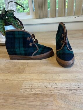 Plaid Wedge Ankle Boot in Green and Black with Brown Trim